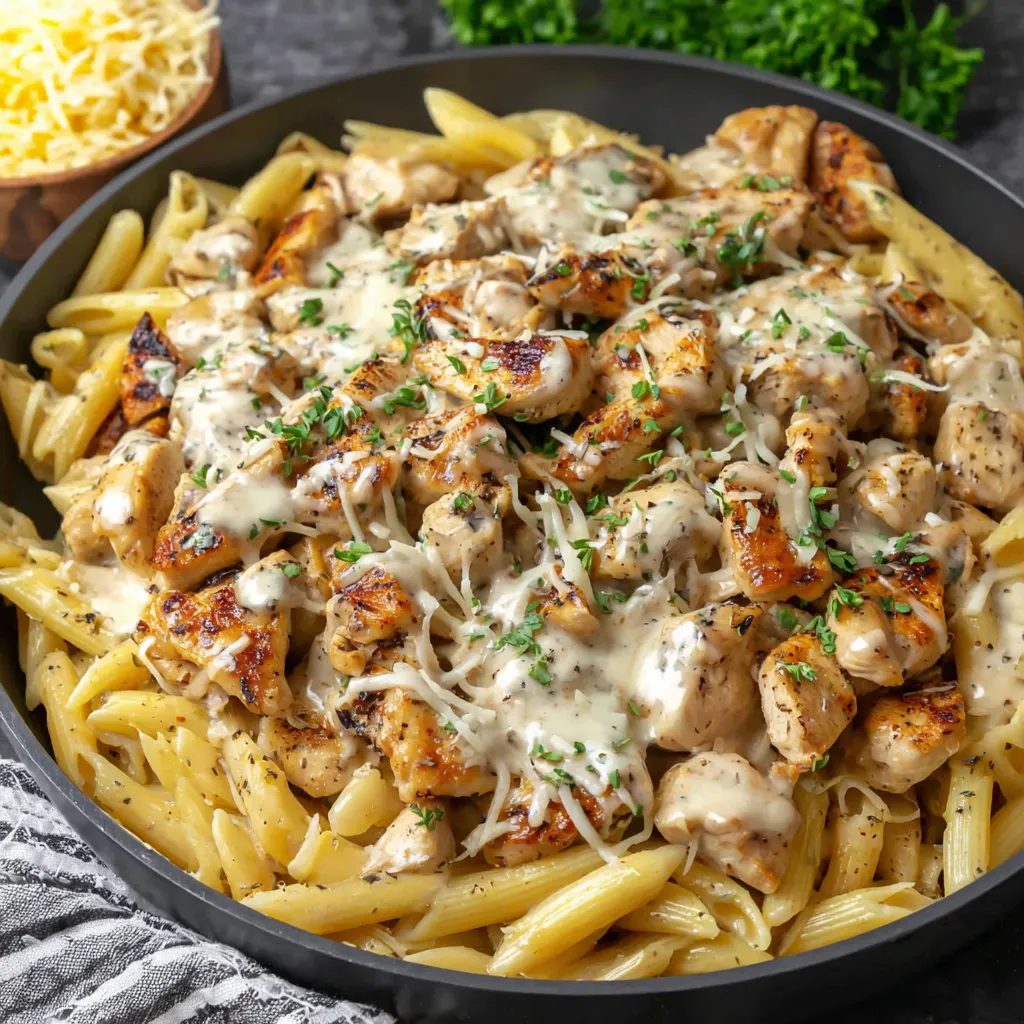 A plate of creamy chicken penne pasta.