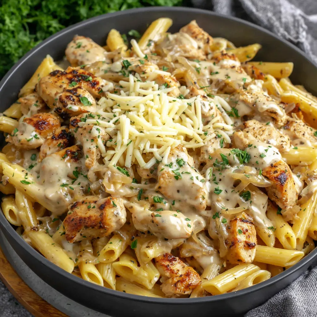 A plate of creamy chicken penne pasta.