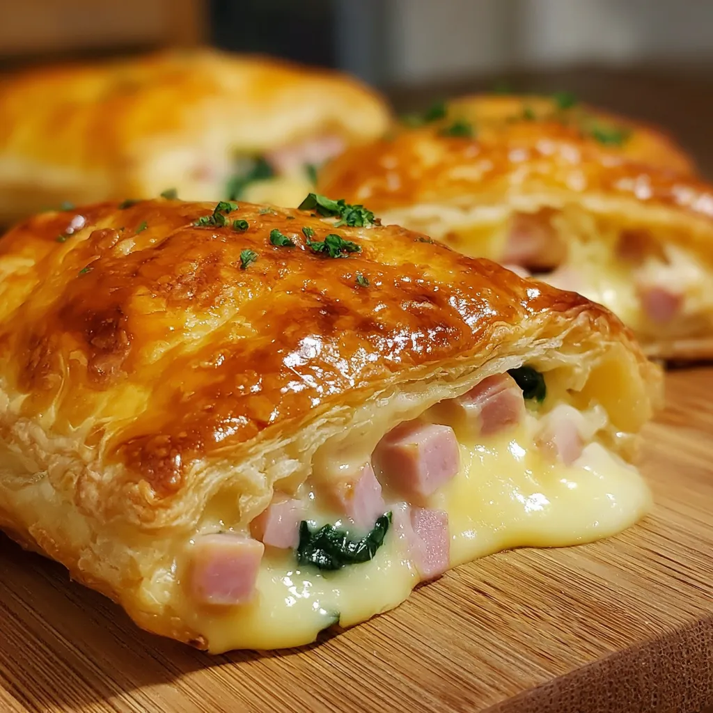A close up of a flaky ham cheese pastry.