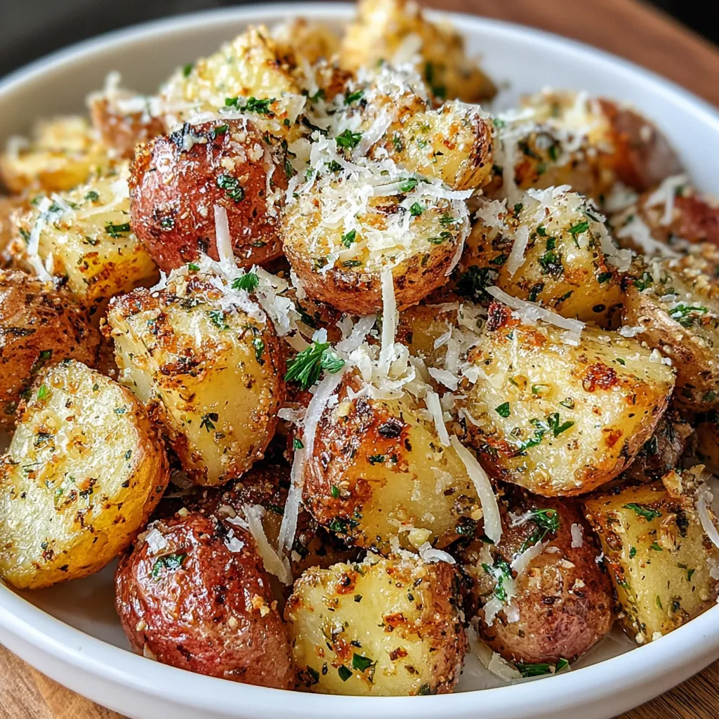 A bowl of garlic Parmesan roasted potatoes.