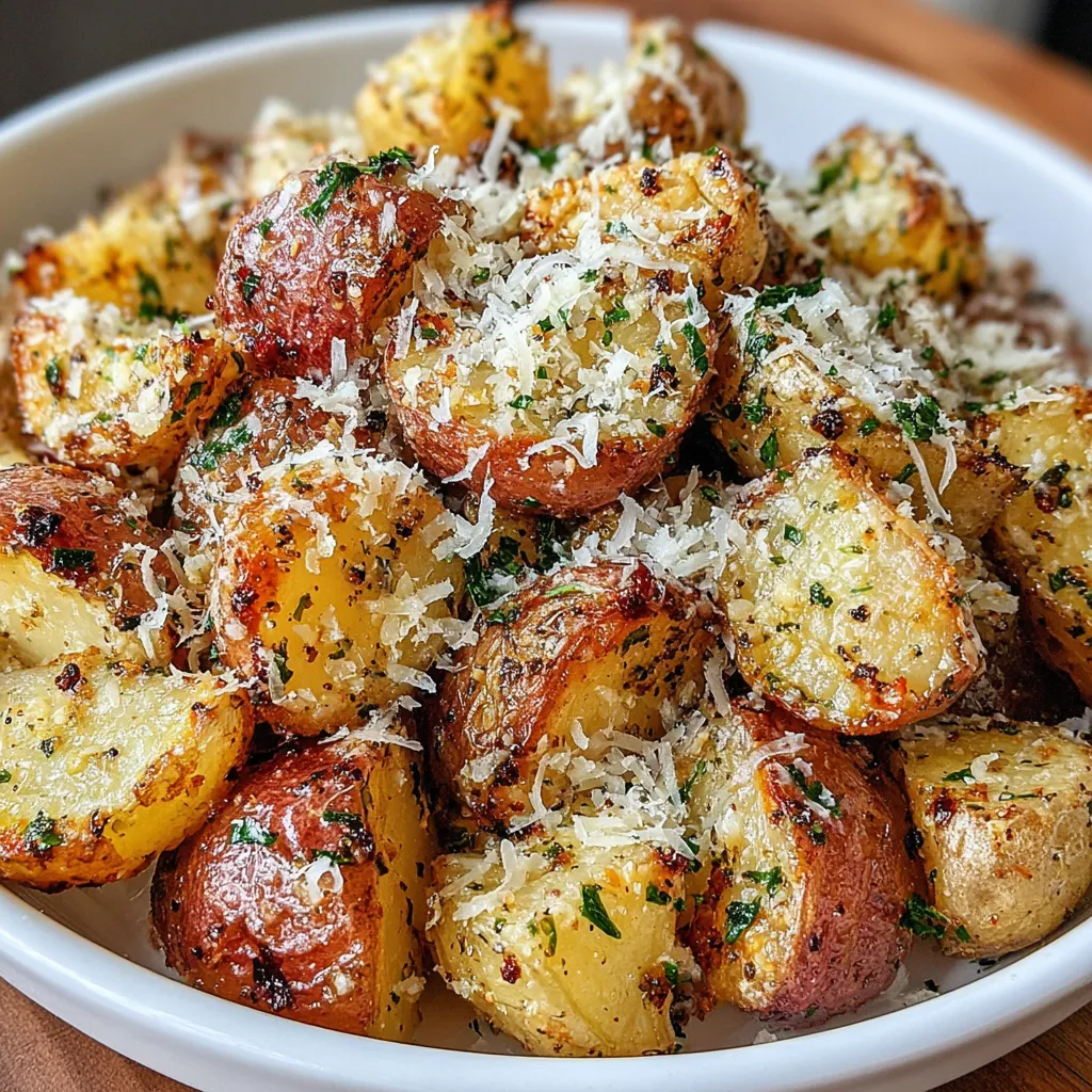 A bowl of garlic Parmesan roasted potatoes.
