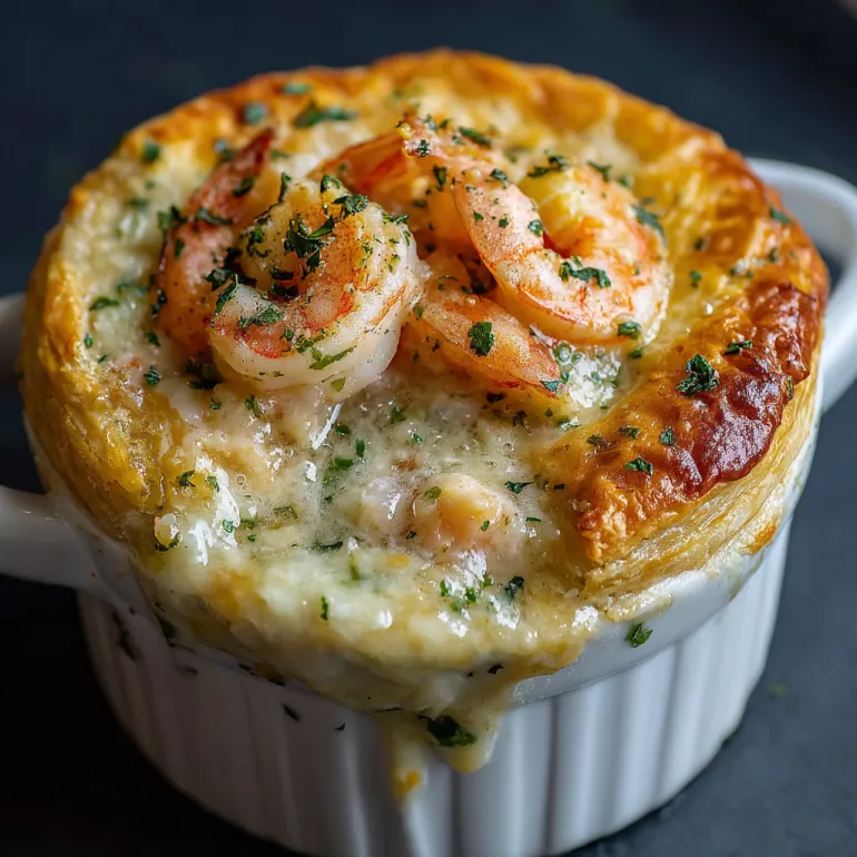 A close up of a Shrimp & Lobster Cheddar Bay Biscuit Pot Pie.
