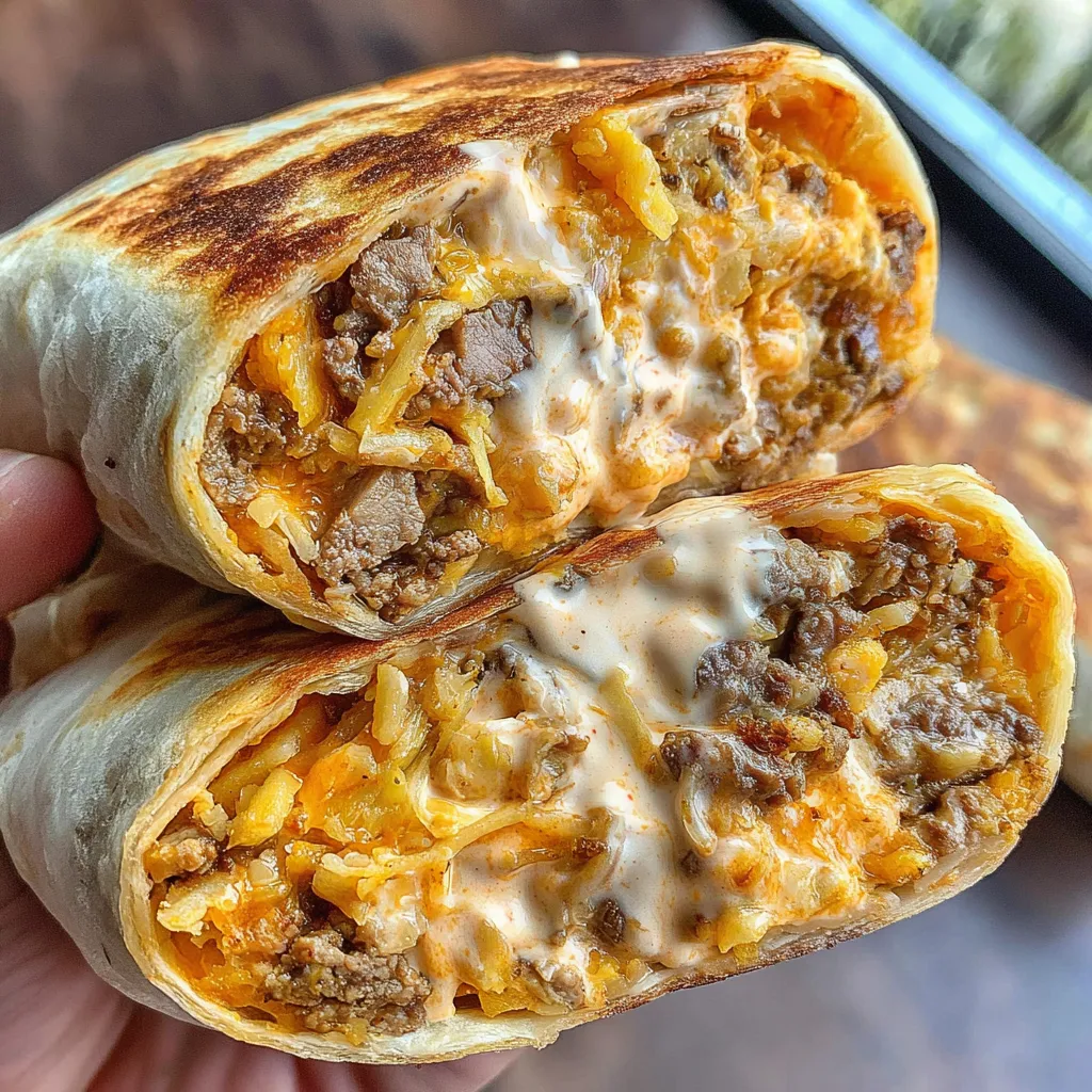 A person is holding a burrito with meat and cheese.