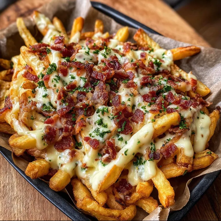 A plate of loaded bacon cheese fries.