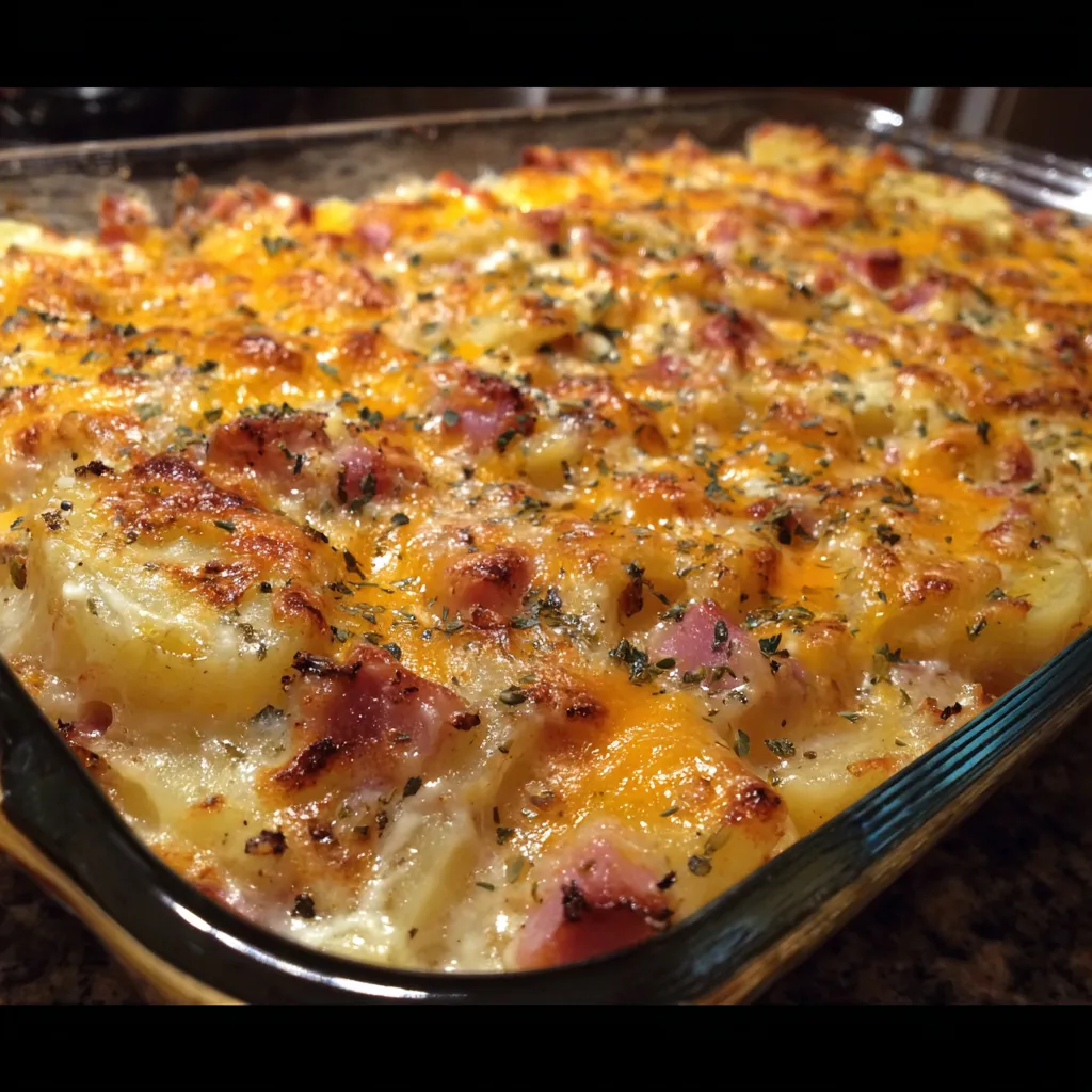 A cheesy ham potato casserole in a glass dish.