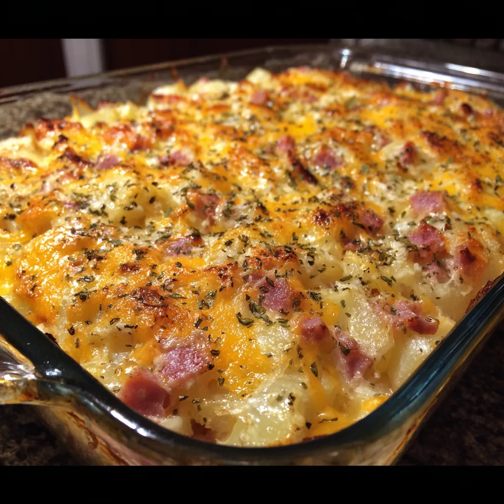 A cheesy ham potato casserole in a glass pan.