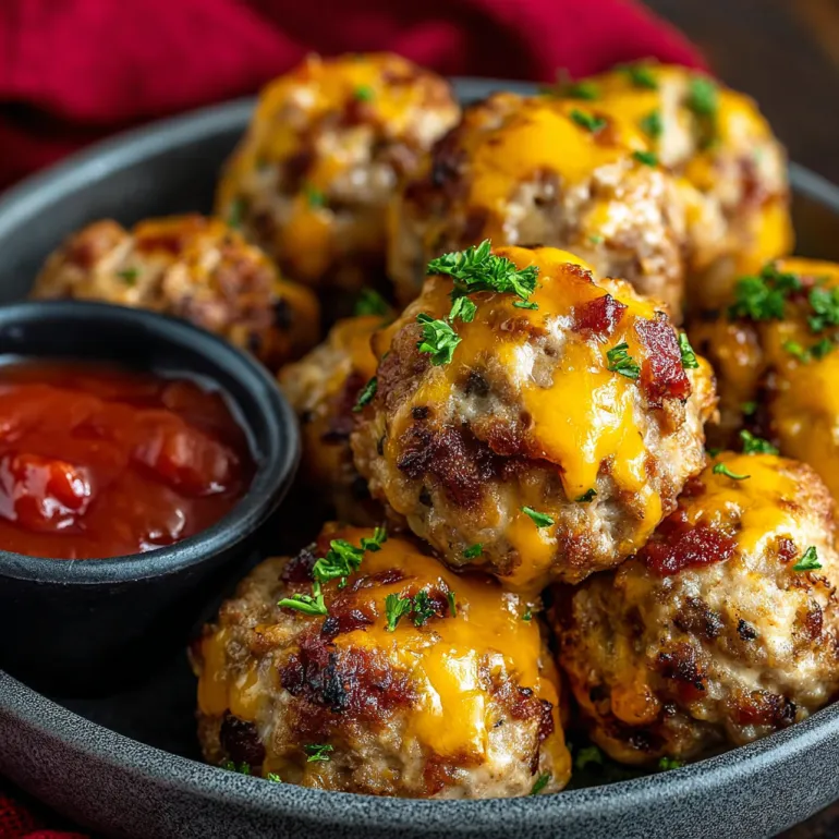 A bowl of sausage balls with cheese and cream.