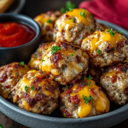A bowl of sausage balls with cheese and sauce.