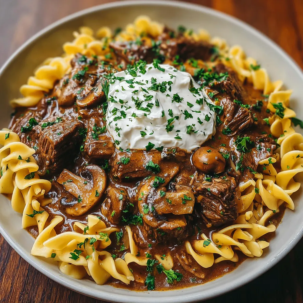A bowl of beef stroganoff with mushrooms and sour cream.