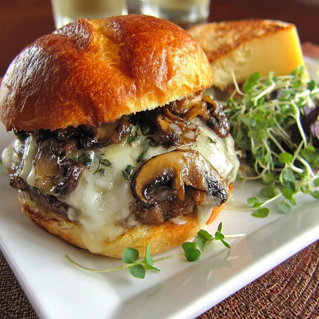 A mushroom swiss burger on a plate.