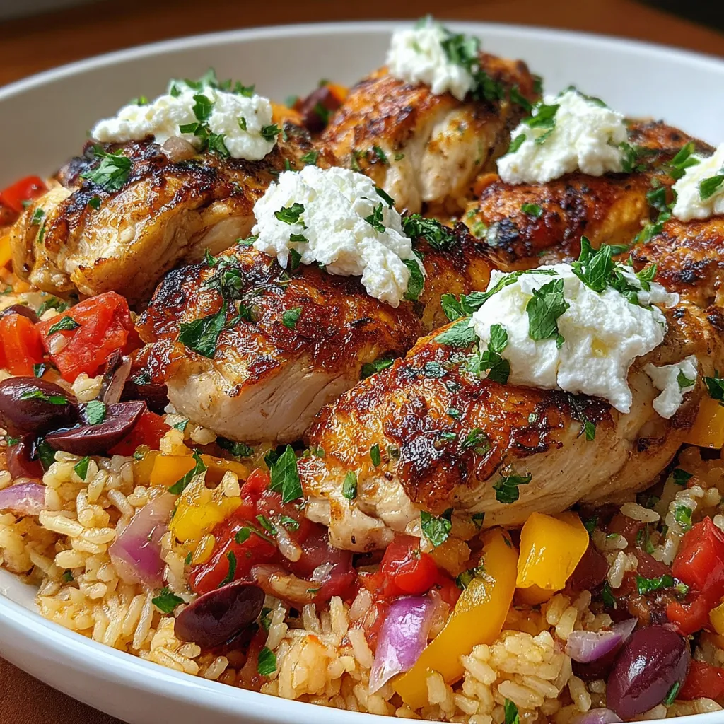 A plate of Greek chicken with rice and vegetables.