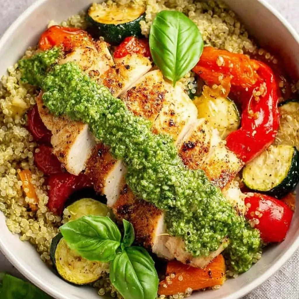 A bowl of grilled chicken and quinoa.