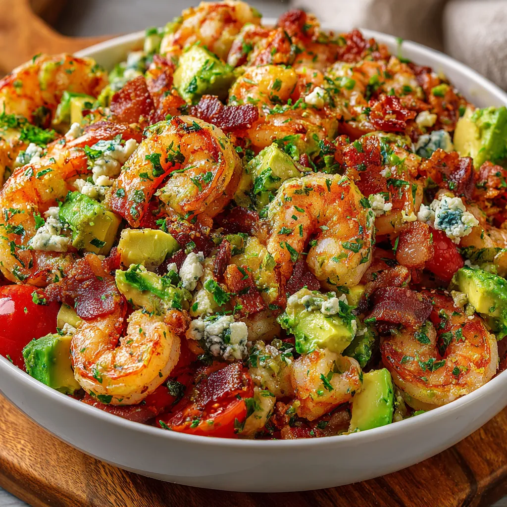 A bowl of shrimp, avocado, and bacon salad.