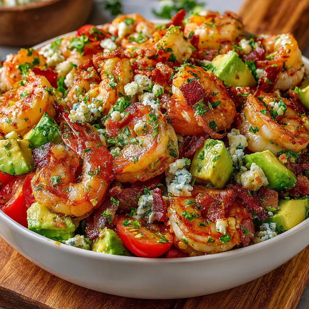 A bowl of shrimp, avocado, and bacon salad.