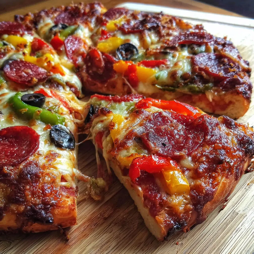 A homemade pizza with pepperoni, peppers, and mushrooms on a wooden table.