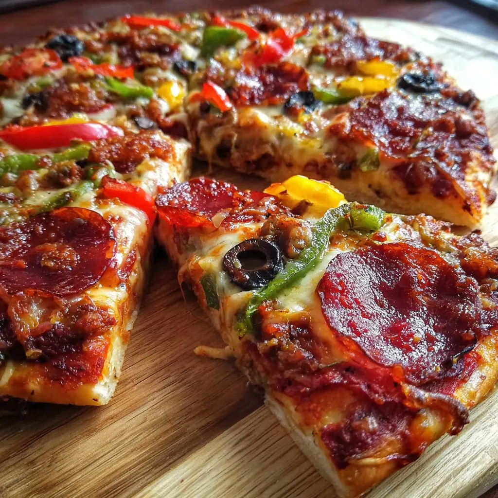 A homemade pizza on a wooden table.