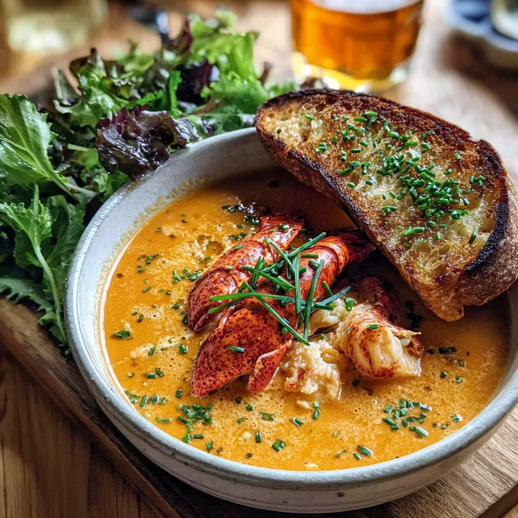 A bowl of soup with a lobster bisque recipe.