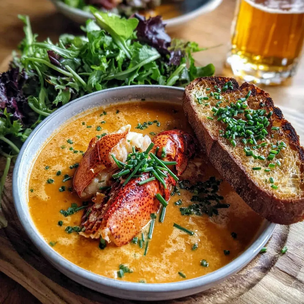 A bowl of lobster bisque with a piece of bread on top.