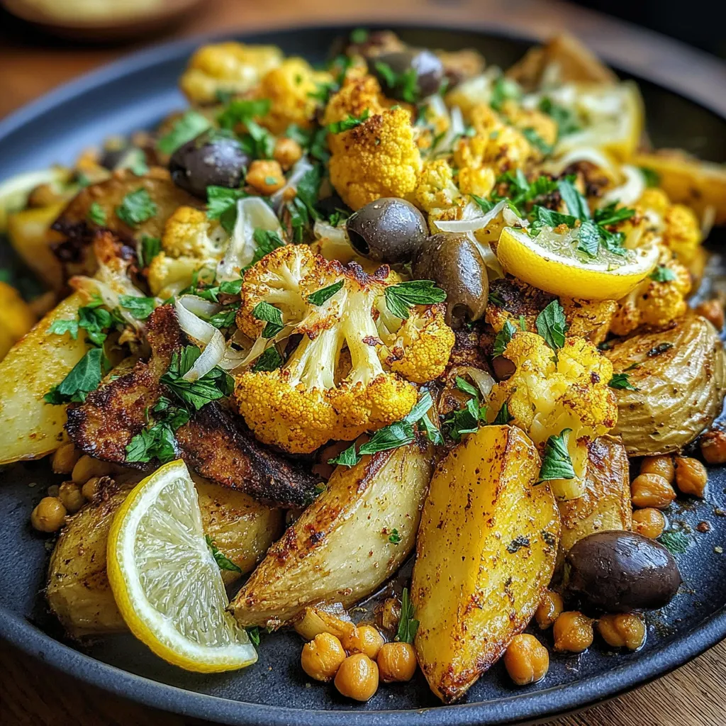 A plate of food with cauliflower, potatoes, and chickpeas.