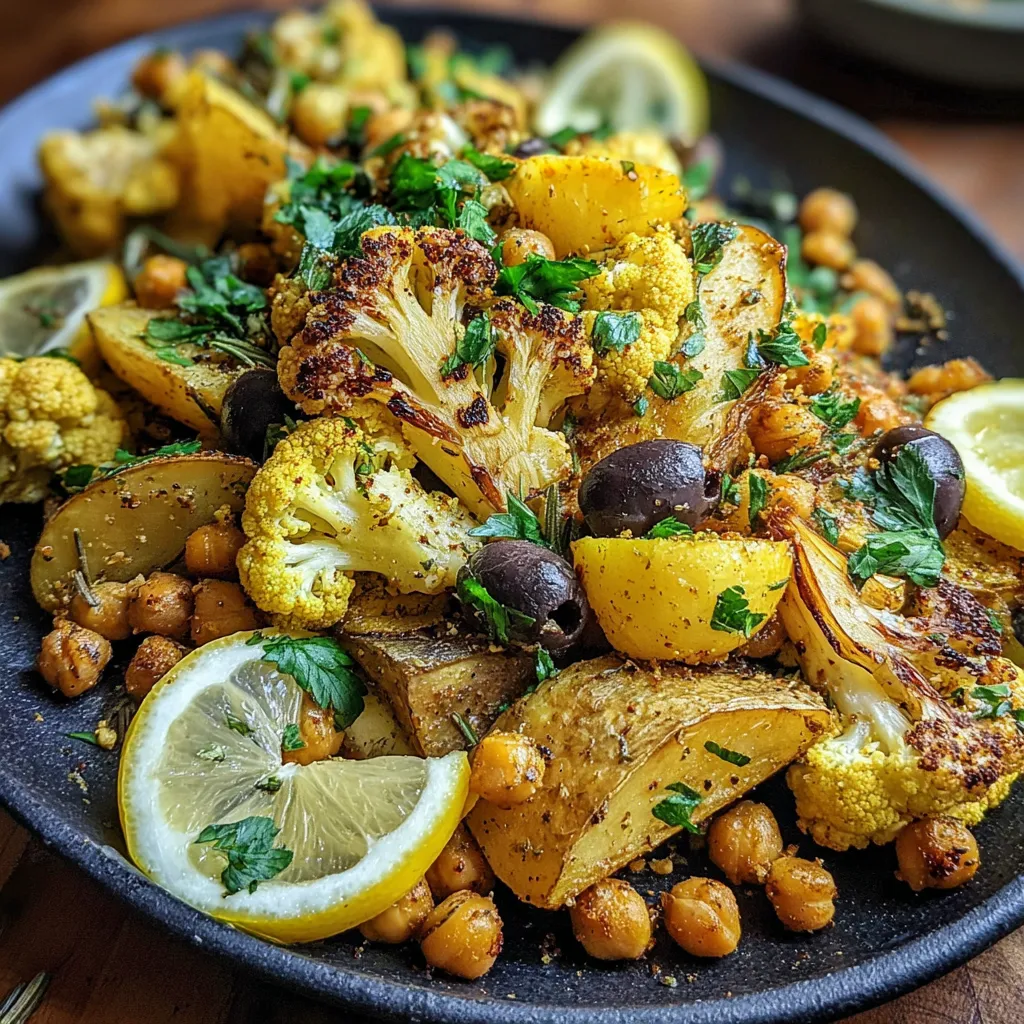 A plate of food with cauliflower, chickpeas, potatoes, and lemon.