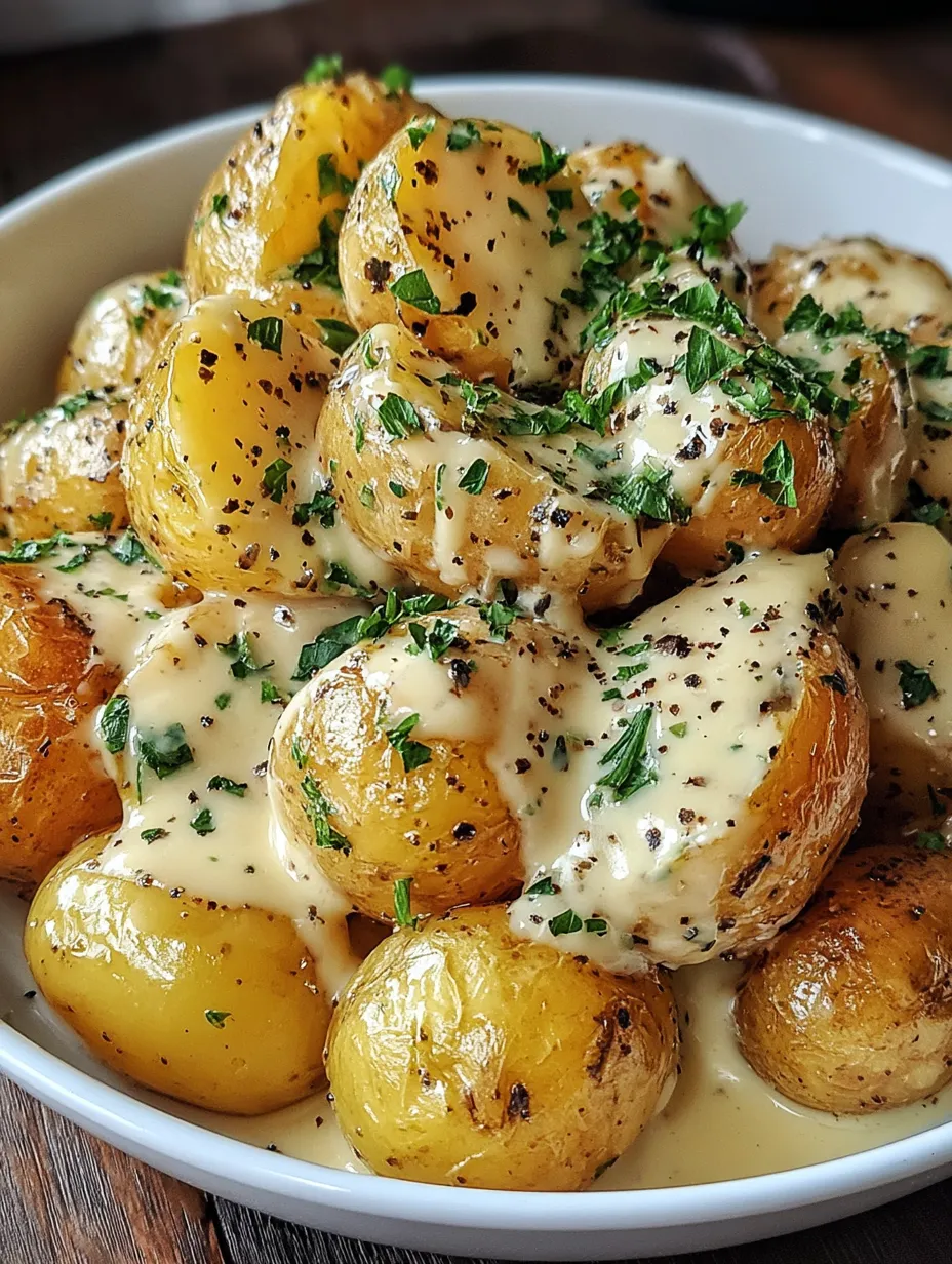 A bowl of potatoes with a creamy garlic sauce.