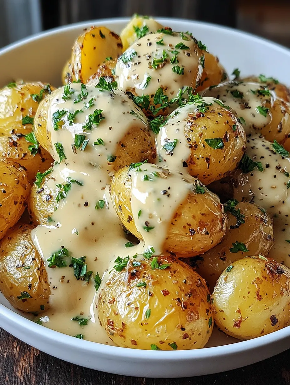 A bowl of potatoes with a creamy garlic sauce.