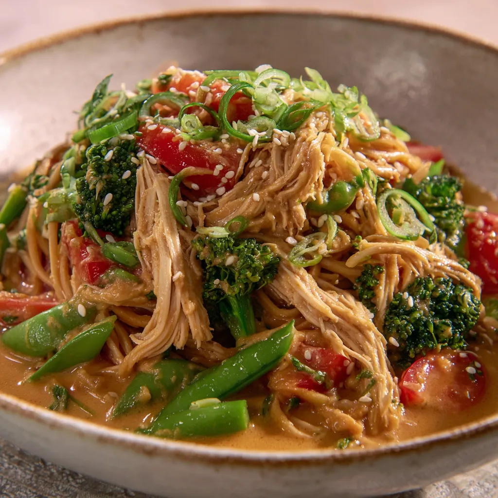 A bowl of peanut noodles with chicken.