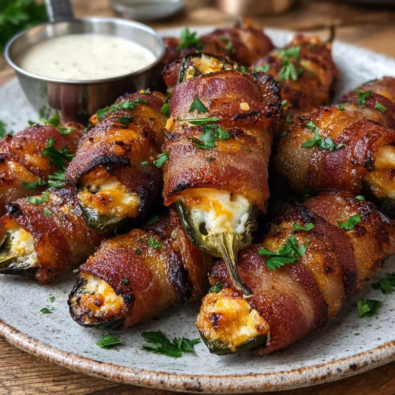 A plate of bacon wrapped jalapeno poppers.