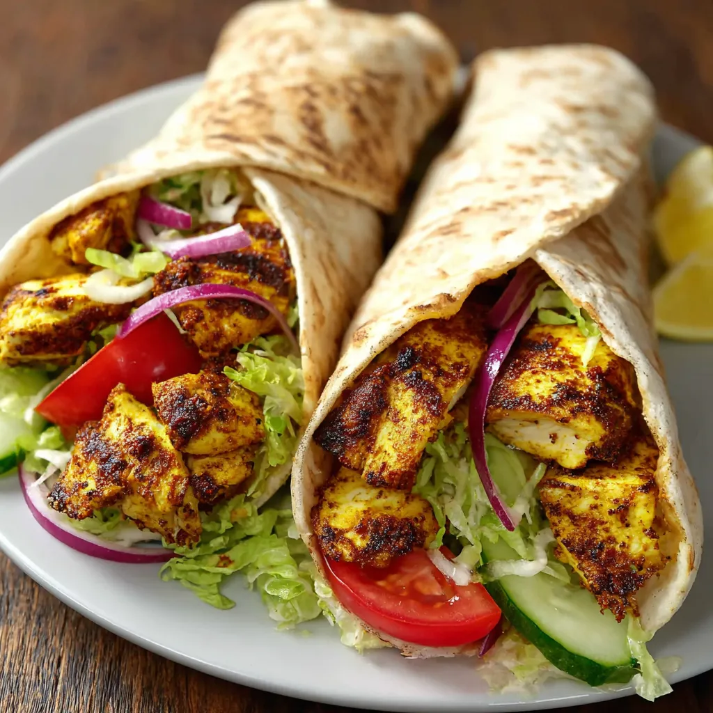 Two chicken shawarma wraps with lettuce and tomato.