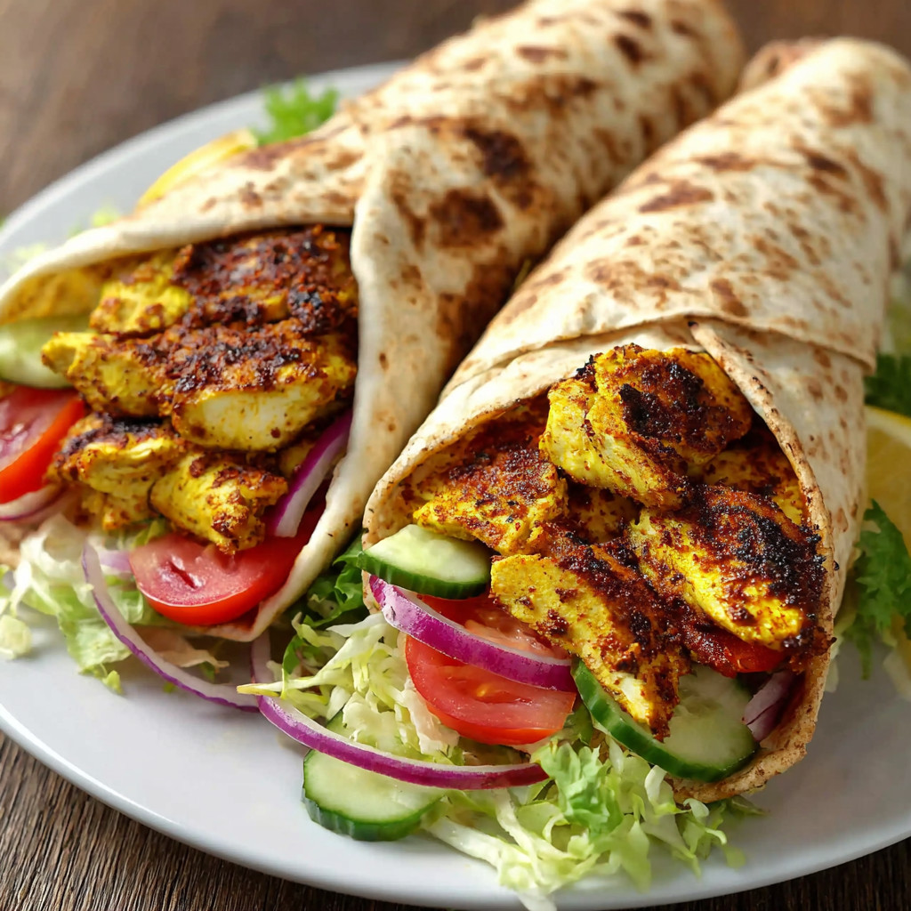 Two chicken shawarma wraps on a plate.