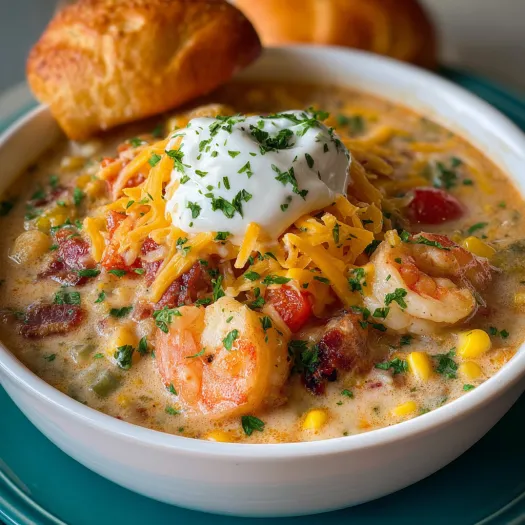 A bowl of seafood and shrimp chili with a dollop of sour cream on top.