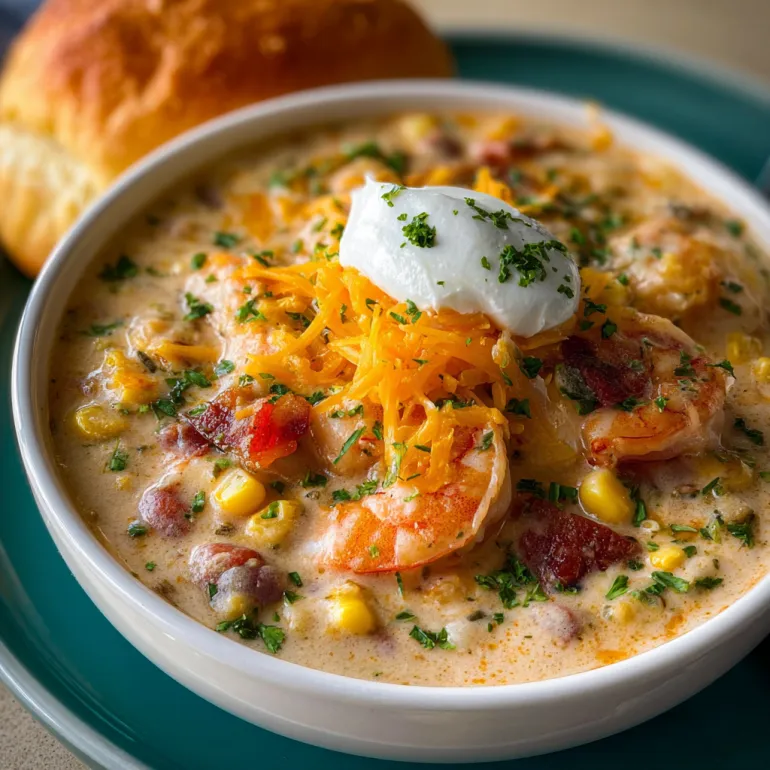 A bowl of soup with shrimp and corn.