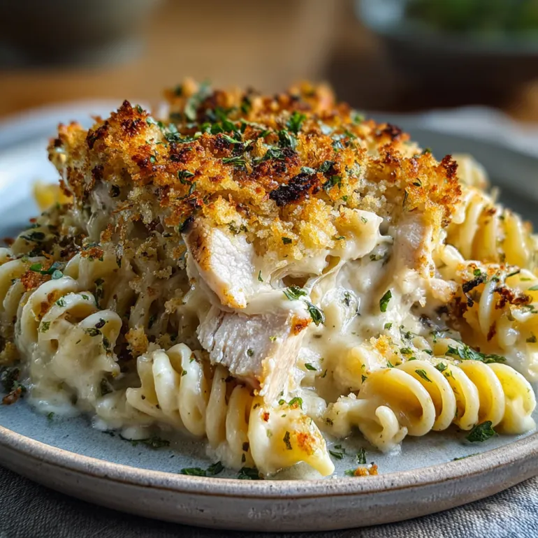A creamy cheesy baked chicken casserole with savory herbs.
