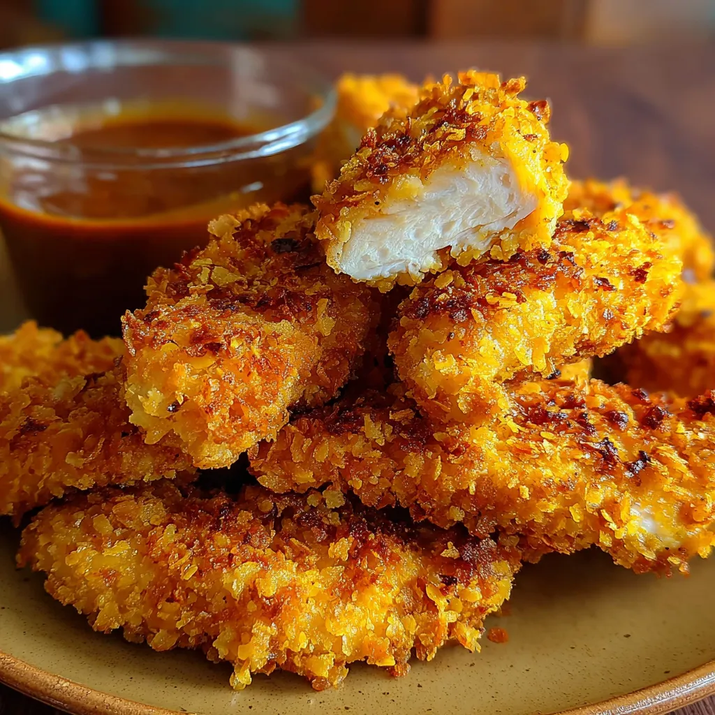 A plate of cornflake chicken tenders.