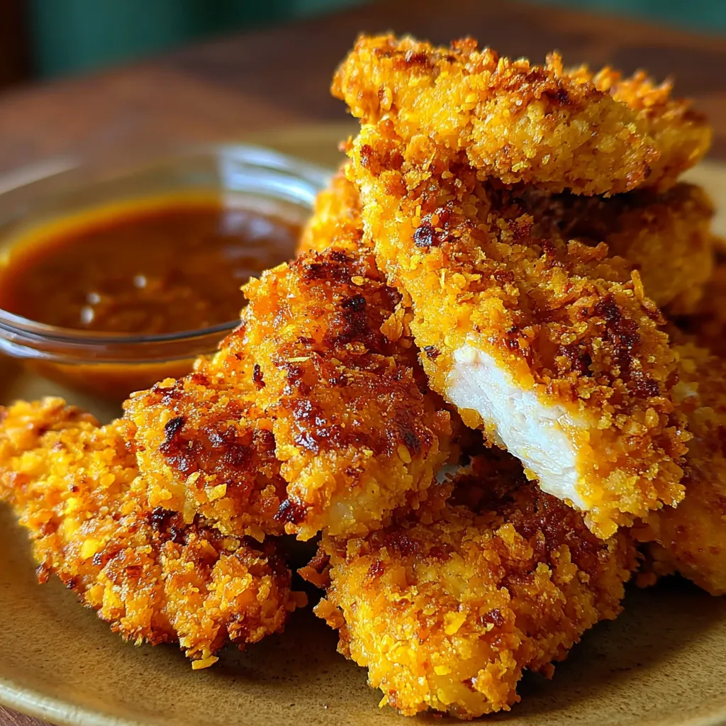 A plate of cornflake chicken tenders.