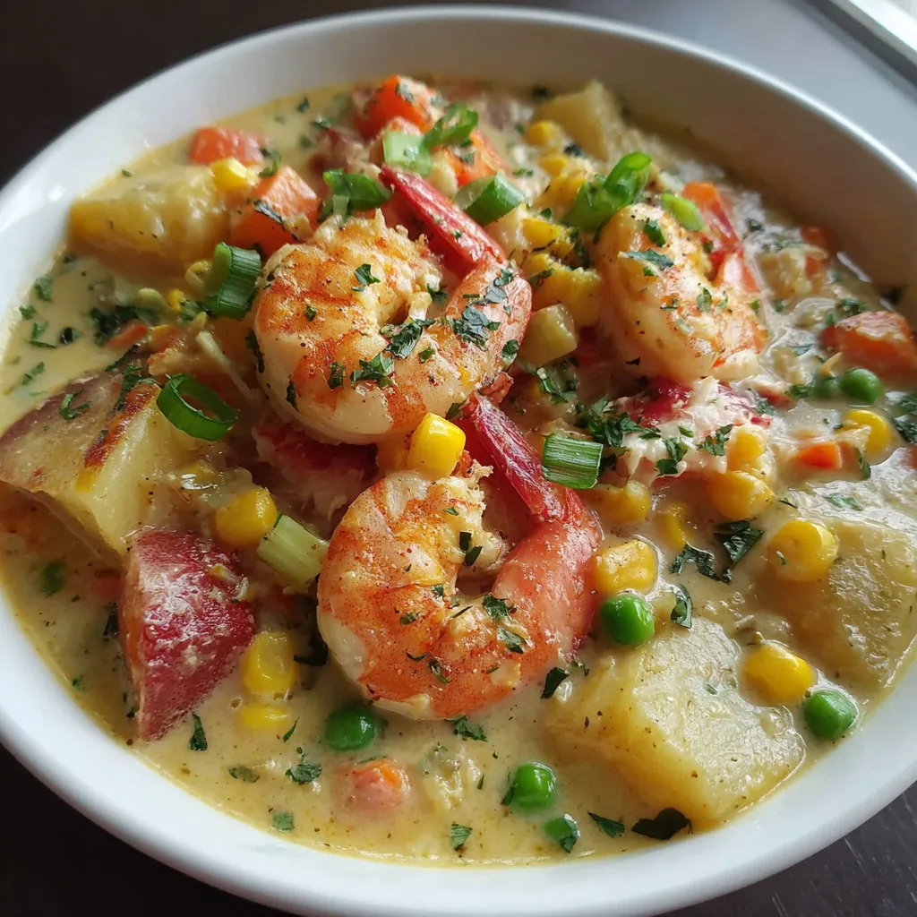 A bowl of creamy lobster chowder with shrimp and vegetables.