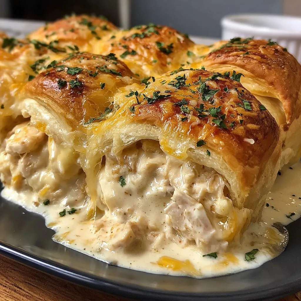 A cheesy chicken crescent bake on a plate.