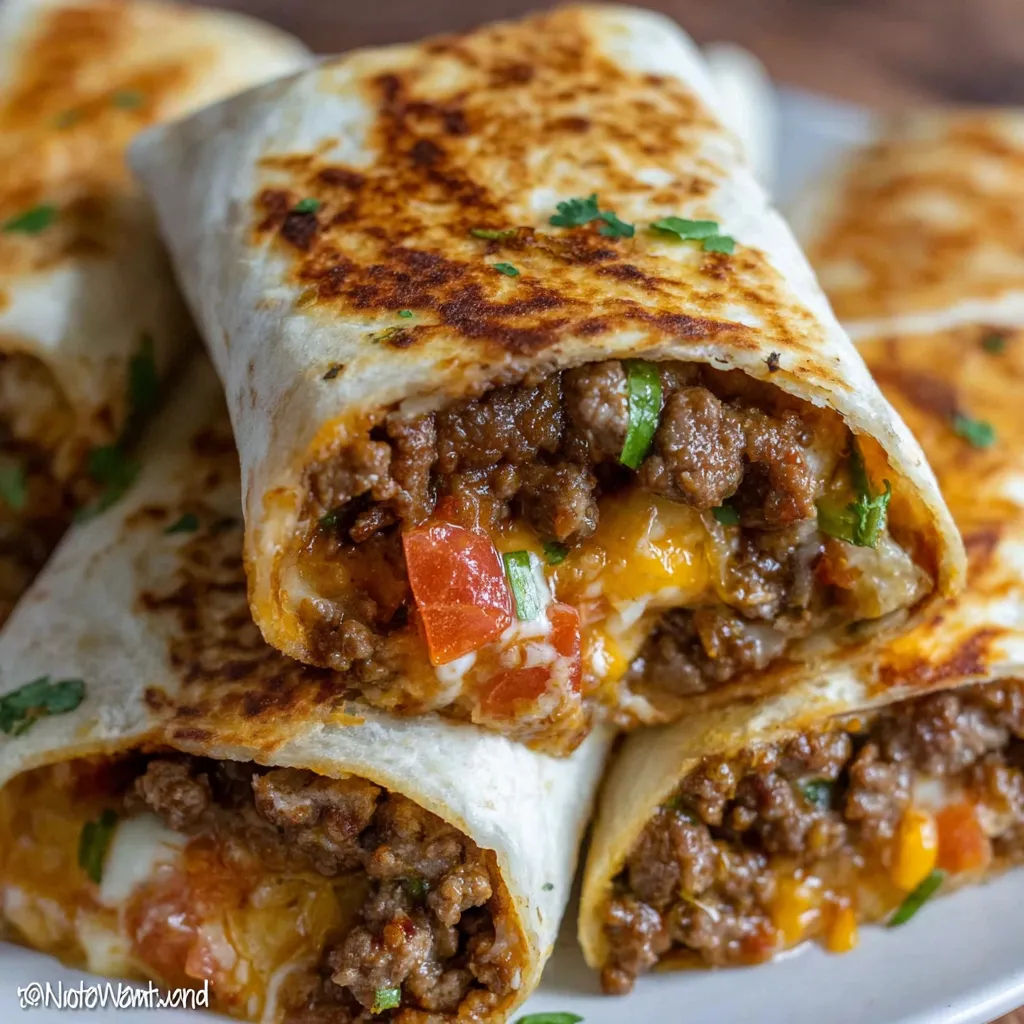 A plate of beef and cheese burritos.