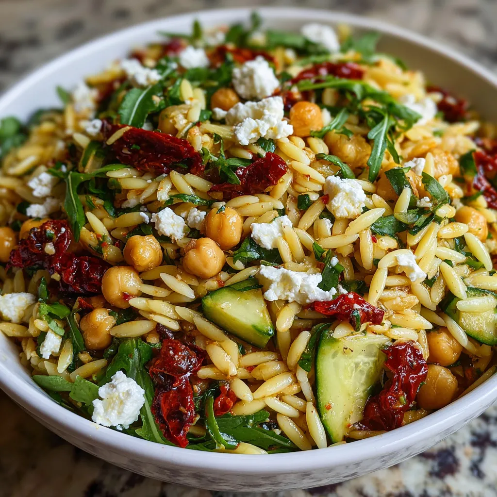 A bowl of Sun Dried Tomato Orzo Pesto.