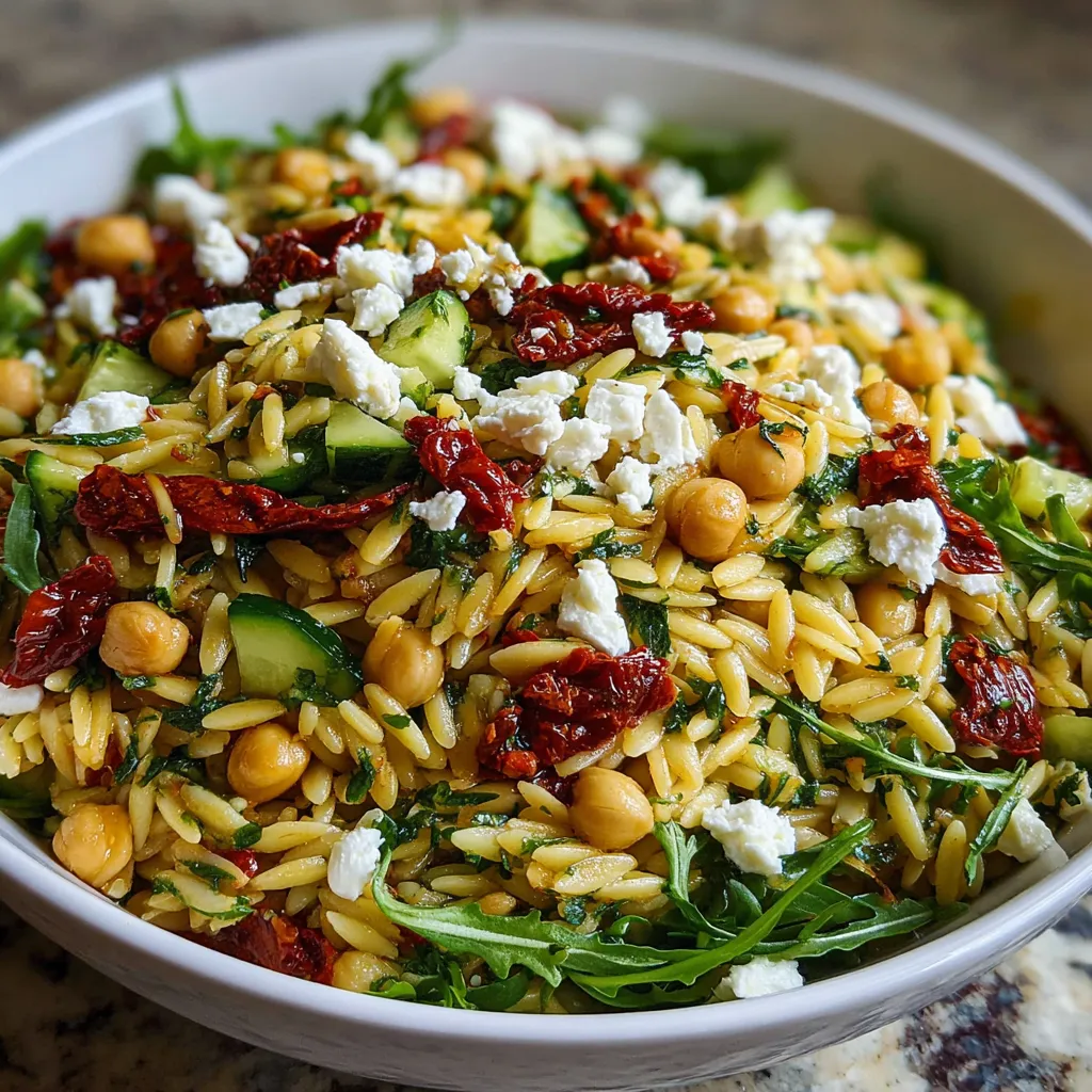 A bowl of Sun Dried Tomato Orzo Pesto.