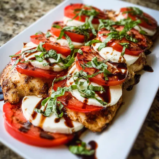 Caprese chicken on a white plate.