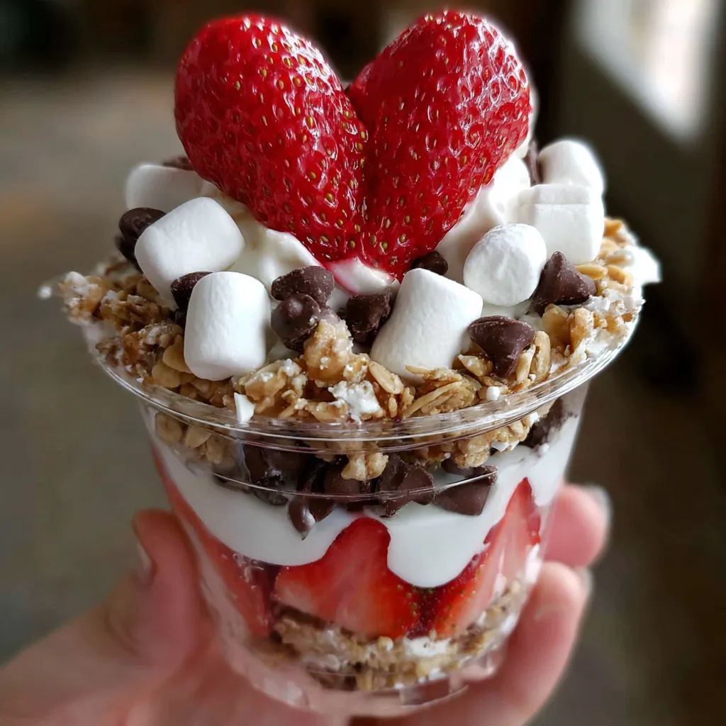 A person holding a cup of food with a heart shape.