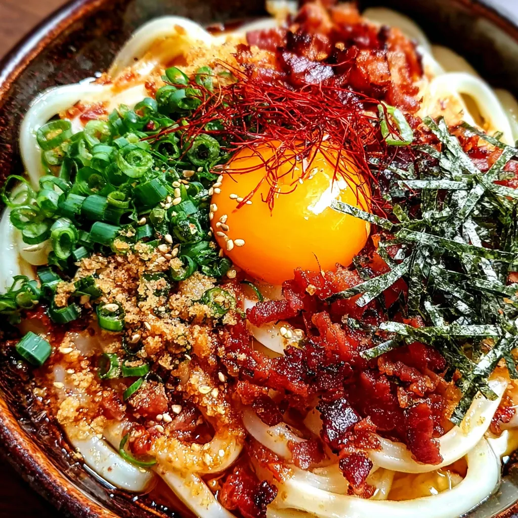 A bowl of noodles with bacon and an egg on top.