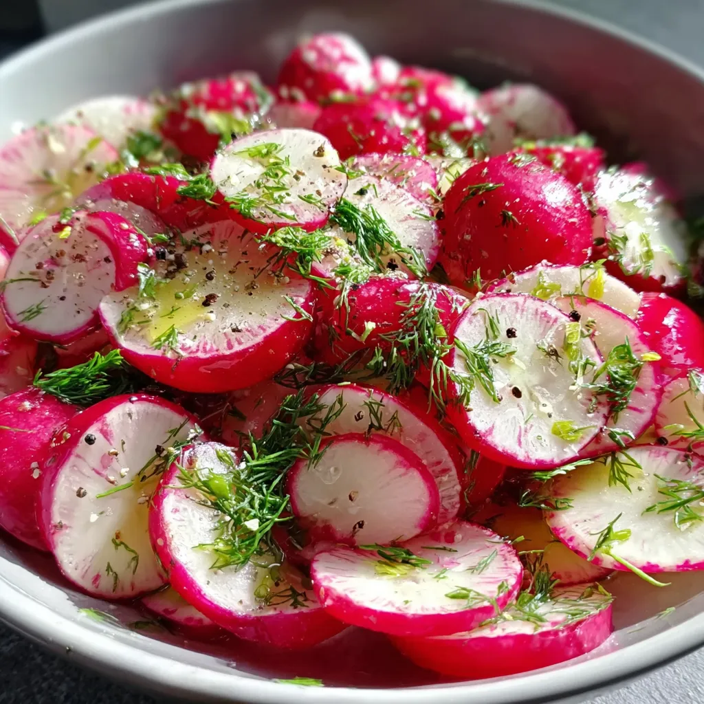 A bowl of radishes with herbs on top.