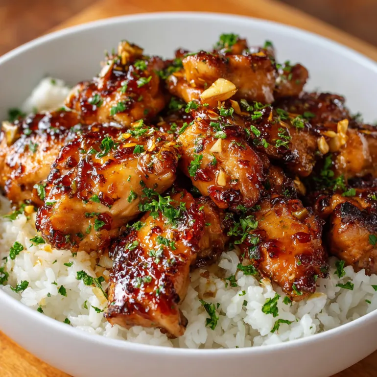 A bowl of chicken with rice and herbs.