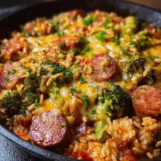 A skillet filled with rice and sausage.