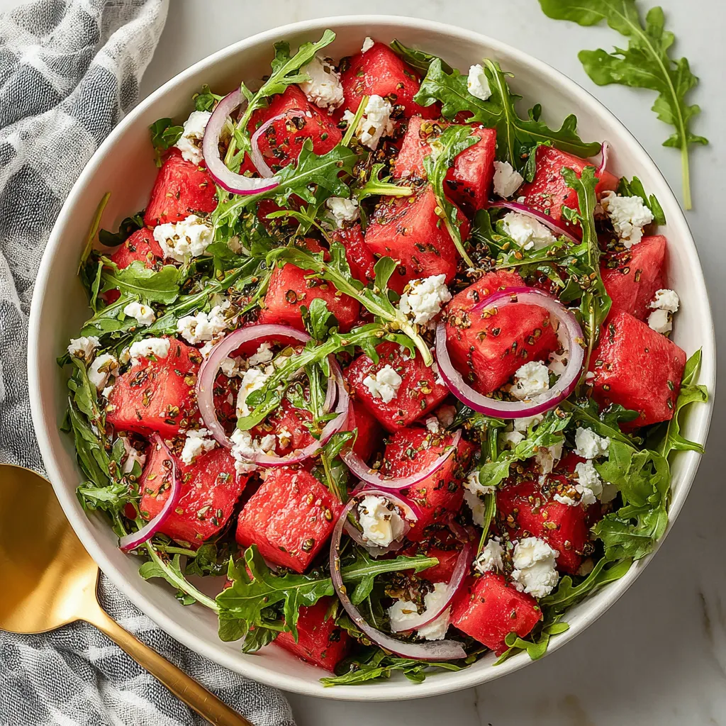 A bowl of watermelon salad with onions and feta cheese.