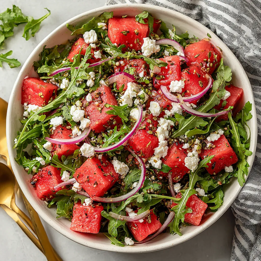 A bowl of watermelon salad with onions and feta cheese.