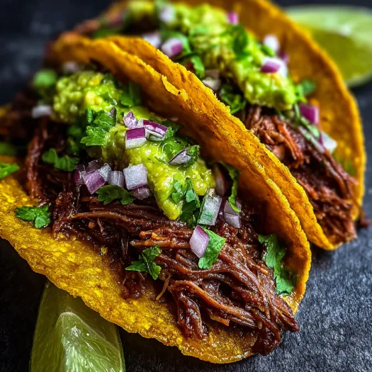 Two tacos with shredded beef and onions.
