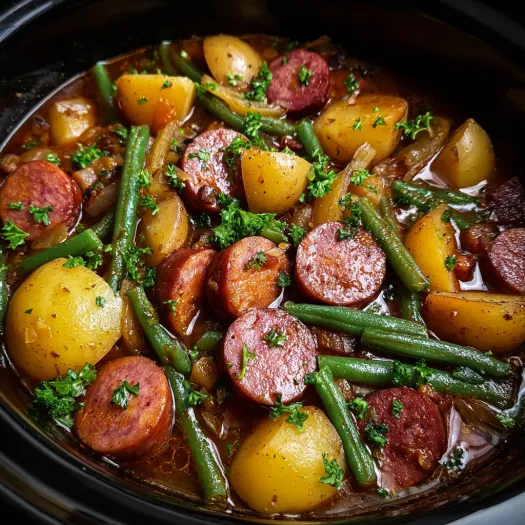 A bowl of food with green beans and sausage.